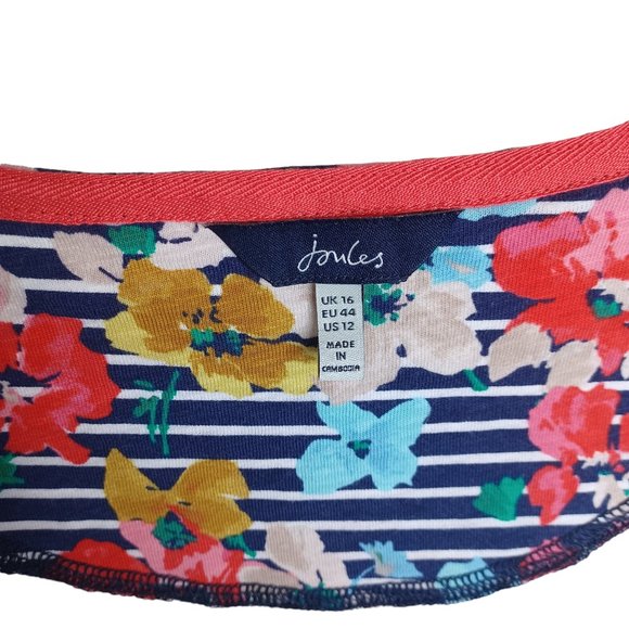 Joules Womens Floral Top Size‎ 12 Harbour Print Blue White Stripe Button Accents - Picture 6 of 6